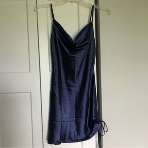 navy satin cowl dress